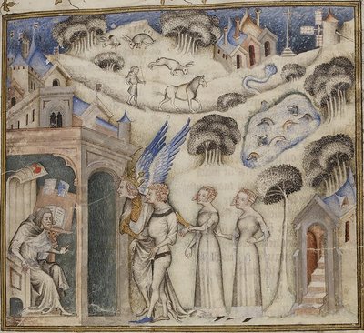 Amour conduisant ses enfants Douce Pensée, Plaisir et Espérance à Guillaume de Machaut, par le Maître de la Bible de Jean de Sy 1372-77 (42374611771) - Georgia Levan Ramishvili from Tbilisi