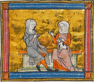 Lancelot en conversation avec une dame qui tient un petit chien noir et blanc, tiré de Morte Artu, vers 1315-1325 (41067329535) - Georgia Levan Ramishvili from Tbilisi