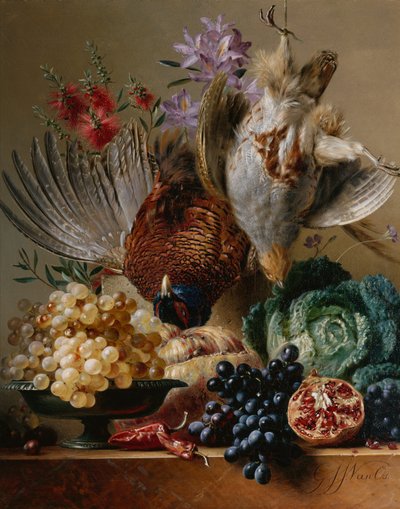 Faisan mort, perdrix, raisins, chou, fruits et fleurs sur un rebord - Georgius Jacobus Johannes van (after) Os