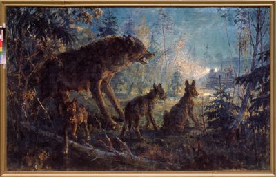 Une rencontre dans la forêt (Louve et ses louveteaux face à un tracteur, dans la nuit) - Peinture de George Konstantinovich Savitsky (1887-1949), huile sur toile - Georgiy Konstantinovich Savitsky