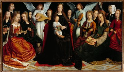 La Vierge entre les saints Devant : Sainte Dorothée, Sainte Catherine, Sainte Agnès, Sainte Fausta, Saint Apollon (ou Apollonia), Sainte Godeline, Sainte Cécile, Sainte Barbe, Sainte Lucie, à l