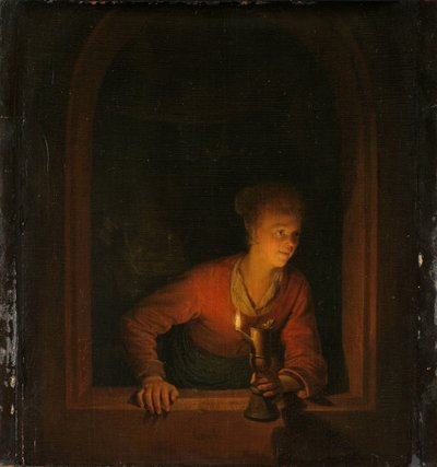 Fille avec une lampe à huile à une fenêtre - Gerrit Dou