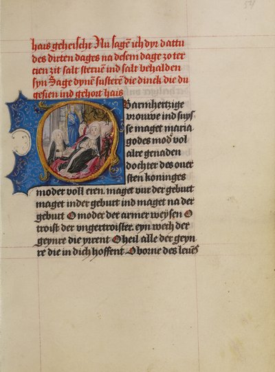 Initial O : Une femme sur son lit de mort avec la Vierge à l