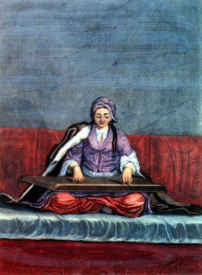 Jeune fille turque jouant de la cithare, gravée par Gerard Jean Baptiste Scotin (1671-1716) - Gerard Jean Baptiste Scotin