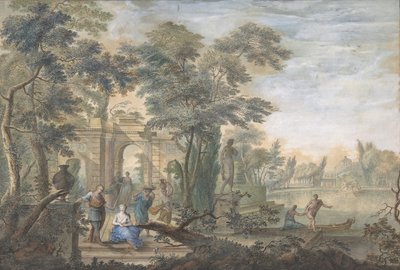 Paysage arcadien avec plusieurs figures et une statue de Diane - Gerard Melder