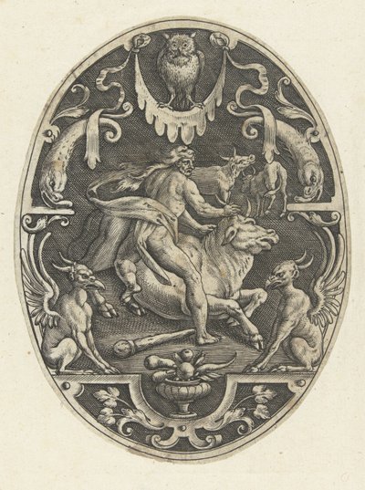 Hercule capture le taureau crétois (Ovale vlakdecoraties met de daden van Hercules in grotesken) - Gerard de Jode