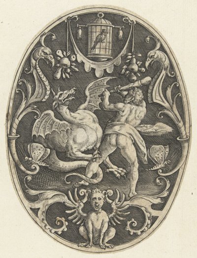 Décoration plane : Hercule tue le dragon Ladon (Ovale vlakdecoraties met de daden van Hercules in grotesken) - Gerard de Jode