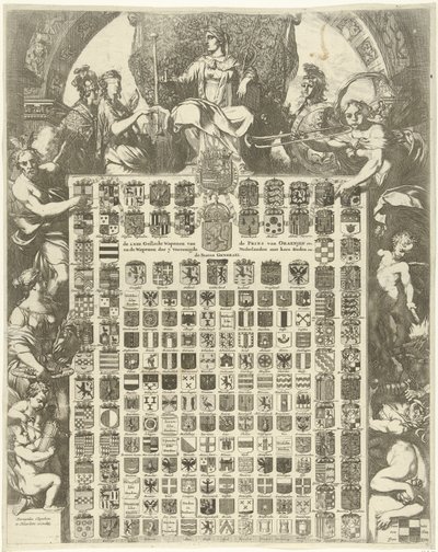 Armoiries du prince Guillaume III dans un cadre allégorique (De LXIIII Geslacht Wapenen van de Prins van Oraenjen etc. et de Wapenen der 7 Vereenigde Nederlanden met hare Steden etc.) - Gerard de Lairesse