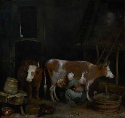 Une servante trayant une vache dans une grange - Gerard ter Borch