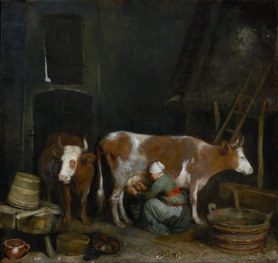 Une servante trayant une vache dans une étable - Gerard ter Borch