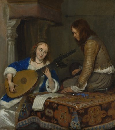 Une femme jouant du théorbe-luth et un cavalier, vers 1658 - Gerard ter Borch