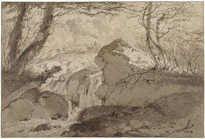 Paysage montagneux avec cascade entre les arbres, où un berger conduit son troupeau - Gerard van Nijmegen