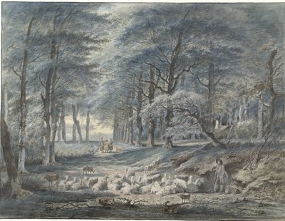 Vue de forêt avec un berger et des moutons et trois personnages - Gerard van Nijmegen