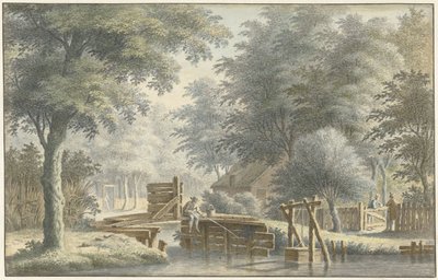 Paysage avec un pont sur lequel un pêcheur - Gerard van Rossum