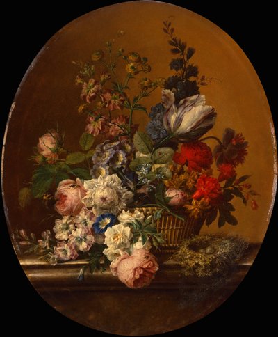Nature morte de fleurs dans un panier avec un nid de moineau sur un rebord de pierre - Gerard van Spaendonck