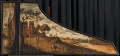 Couvercle de clavecin avec un paysage vallonné et des voyageurs - Gerard van der Horst (copy after)