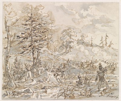 Combat entre cavalerie et infanterie dans un paysage vallonné - Gerardus Emaus de Micault