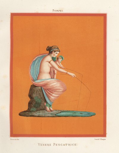 Fresque de Vénus et Cupidon pêchant à la ligne dans un étang. Trouvée dans la Maison des Gladiateurs. Chromolithographie de Victor Steeger d