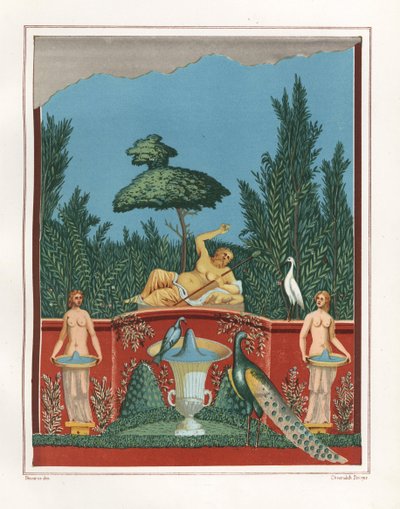 Peinture murale de Bacchus avec des paons et des fontaines d