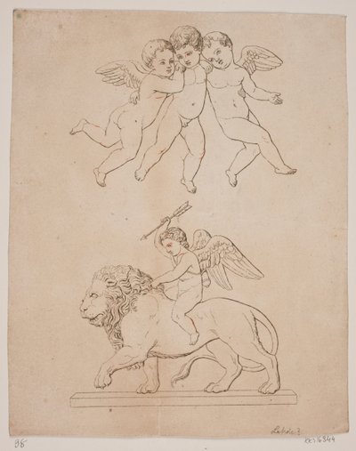 Tableau avec trois amours et en dessous amour sur un lion - Gerhard Ludvig Lahde