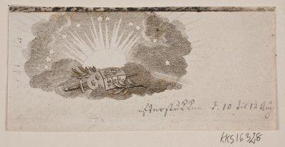 Vignette avec les armoiries des trois royaumes nordiques dans les nuages devant le soleil - Gerhard Ludvig Lahde