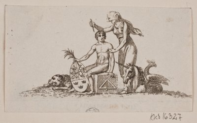Vignette avec femme, jeune homme assis et licorne - Gerhard Ludvig Lahde