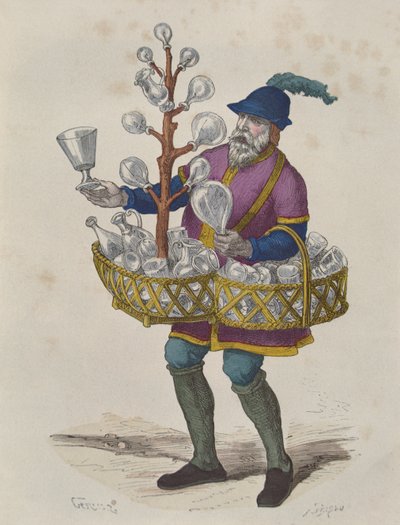Vendeur de verre et de cristal au XVe siècle, des Costumes de Paris à Travers les Siècles publié en 1887 - Gerlier