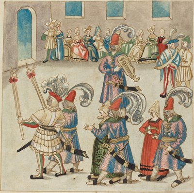 Deux couples dansant menés par des chevaliers portant des torches - German 16th Century