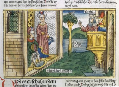 2 Samuel 11:1-5 David voit Bethsabée se baigner, de la Bible de Nuremberg (Biblia Sacra Germanaica) - German School