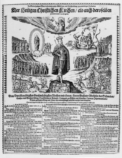 Une feuille allemande représentant Gustave-Adolphe comme le champion de la cause protestante - German School