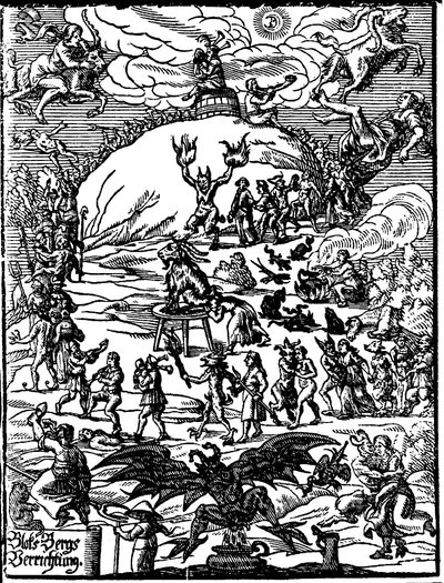 Cérémonie du sabbat, une chèvre représentant le diable est au centre, entourée de sorcières et de démons. Gravure allemande du 16ème siècle - German School