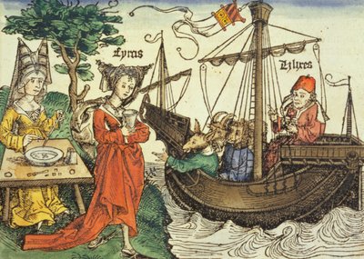 Une sorcière, probablement Circé avec la coupe de poison et Ulysse avec ses compagnons, tirée de la Chronique de Nuremberg par Hartmann Schedel, 1493 - German School