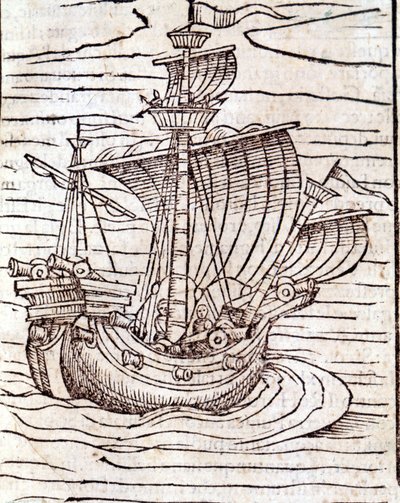 Un bateau. Xylographie de la Cosmographie Universelle de Sébastien Munster. Bâle - German School