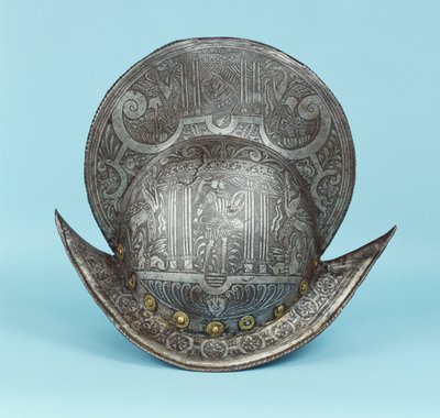 Morion à peigne, gravé de têtes de chérubins, sphinx et chevaux ailés, le centre avec un guerrier pseudo-classique en armure contemporaine avec épée et bouclier - German School