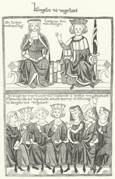 Une représentation du Sangerkrieg, un concours entre ménestrels au château de Wartburg en Thuringe en 1207, du Codex Manesse (gravure) - German School