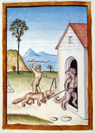 Un chien et un singe tyrannisant une belette - German School