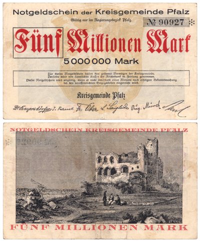 Un billet de cinq millions de marks, vers 1923 (recto et verso) - German School