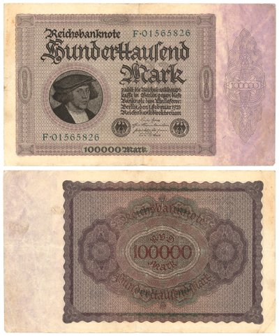 Un billet de cent mille marks, 1923 (recto et verso) - German School