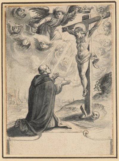 Un frère agenouillé devant une vision du Christ en croix - German School