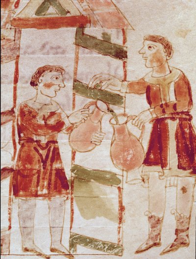 Un marchand de vin miniature tiré du volume « De tabernae », manuscrit « De Universo » (ou De rerum naturis) - German School