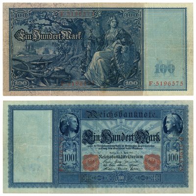 Un billet de cent marks, 1910 (recto et verso) - German School