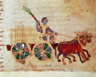 Un paysan sur une charrette miniature du manuscrit "De Universo" (ou De rerum naturis) par Raban Maur - German School