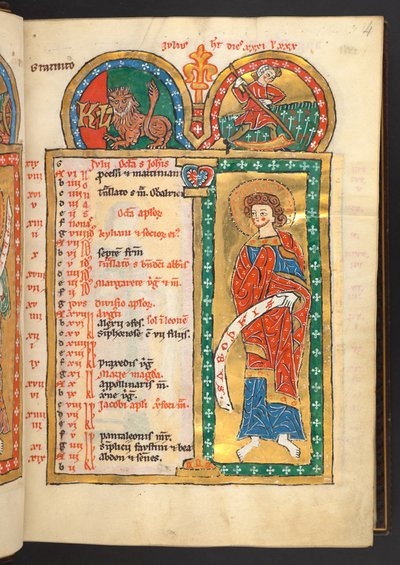 Juillet. 12 pages de calendrier en or et en couleurs, avec des cadres architecturaux contenant chacun un signe du zodiaque, un apôtre et un travail du mois. Psautier. Psautier illuminé avec un calendrier, des cantiques et des litanies pour l