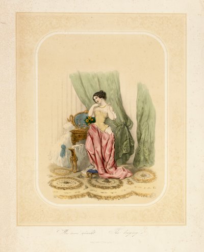 Une dame élégante à sa coiffeuse, imprimée par F. Sala & Co, Berlin, vers 1850 - German School