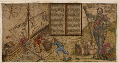Une affiche illustrée célébrant la campagne de Francis Drake contre les Espagnols, illustration de 