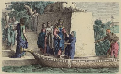 Femme de haut rang égyptienne ancienne faisant une promenade en bateau (gravure en couleur) - German School