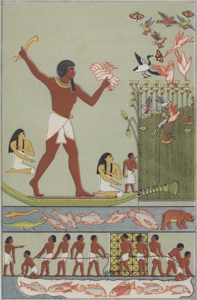 Égyptiens anciens pêchant et chassant des oiseaux - German School