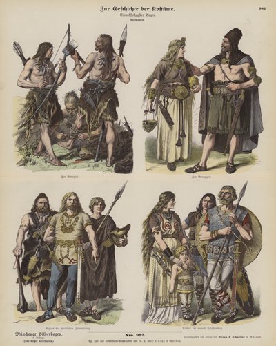 Costumes germaniques anciens (gravure en couleur) - German School