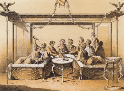 Anciens Romains prenant un repas (lithographie couleur) - German School