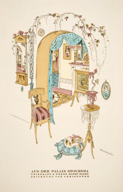 "Aus dem Palais Stourdza", publicité pour Friedmann  Weber (Baden-Baden)", extrait de Styl, pub. 1922 (impression sur pochoir) - German School